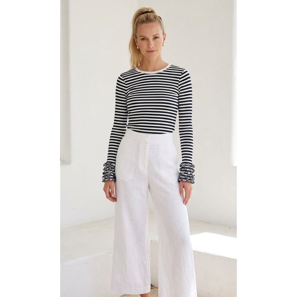 Tanya Taylor Small Stripped Ruffle Top Quiet Luxury Resort Vacation Quality